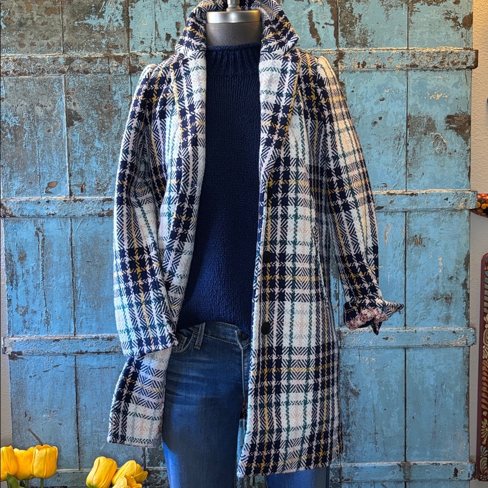 NWT Petite Sundance Wool Blend Blue and White Plaid Long Winter Coat PXXS
